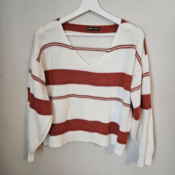 SHEIN Sweater V-Neck Knit Striped White Orange Business Casual Neutral Trendy - Picture 1 of 10